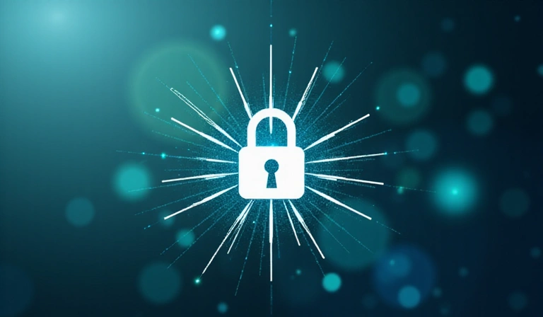 Ein stilisiertes Schloss-Symbol umgeben von digitalen Datenströmen, das den Schutz und die Sicherheit von Informationen symbolisiert.