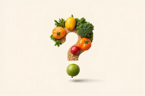 Fragezeichen-Symbol integriert mit Elementen gesunder Ernährung